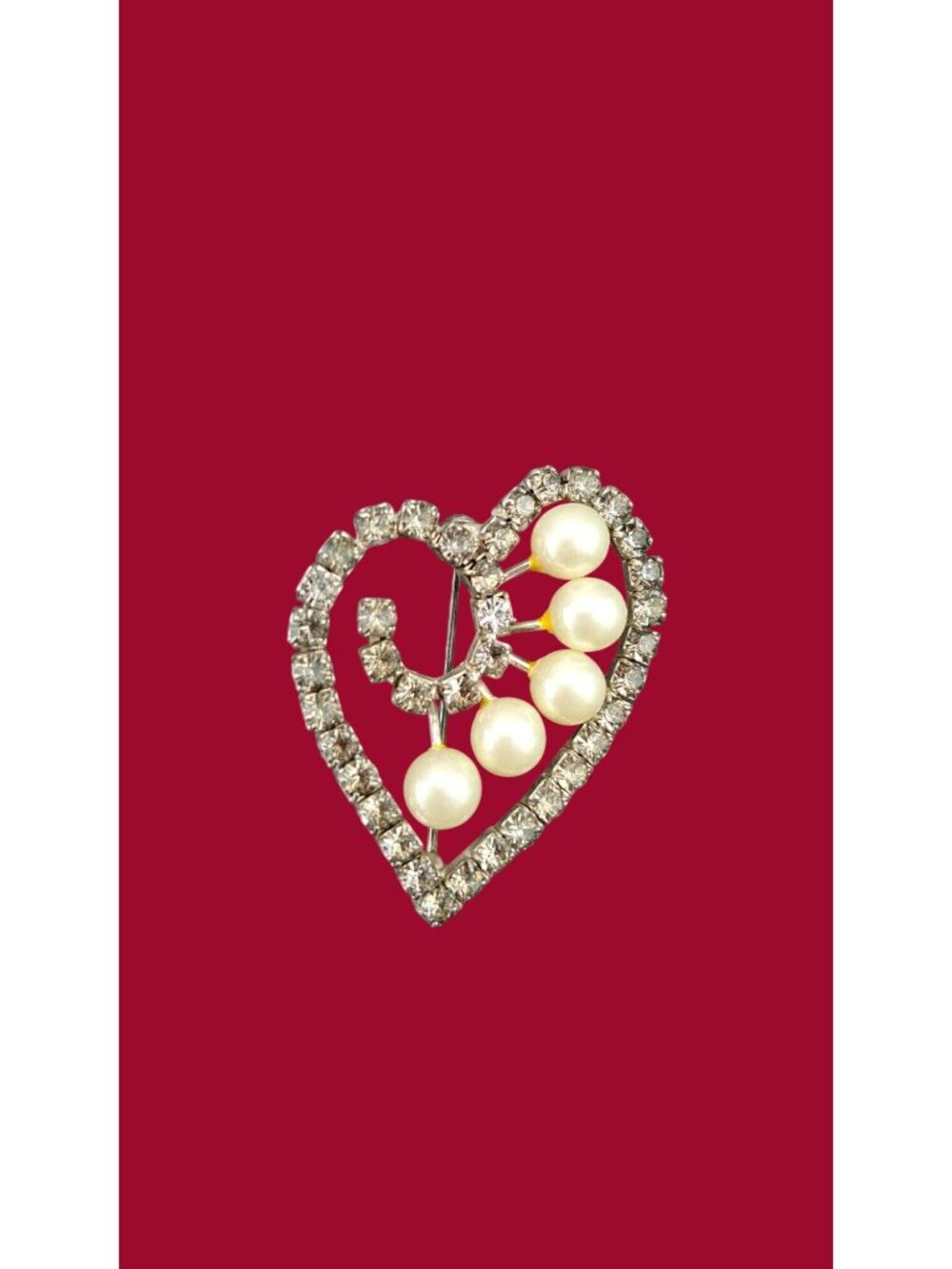 Vintage Heart-Shaped Rhinestone Faux Pearl Pin Brooch Silver-Tone Metal Jewelry - Picture 2 of 5